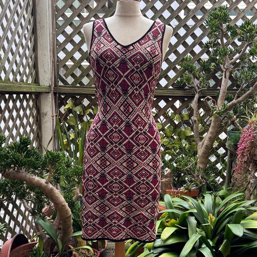 AKIRA Chicago, Black Labe Red and Black Geometric Midi Dress Size Small. VGUC